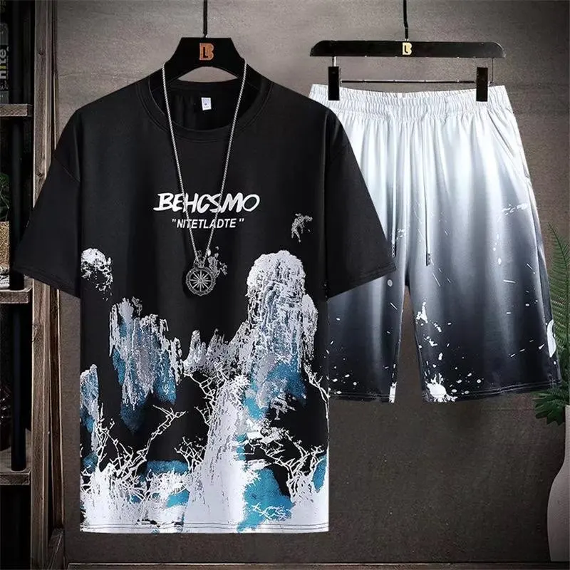 New 2023 Men's Two-piece Summer Sportswear Fashion Men's Jogging Pants Suit Ice Silk T-shirt and Short Suit Casual Sportswear