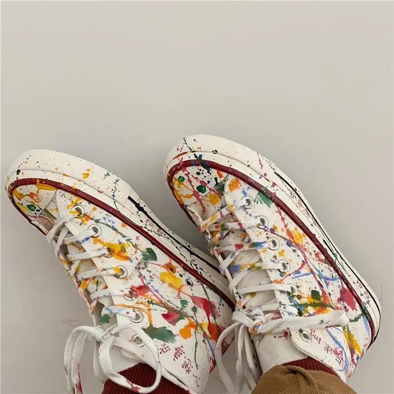 SHANPA Graffiti High-top Canvas Casual Shoes for Women Hand-painted Print New Platform Shoes Men Breathable Comfortable Footwear
