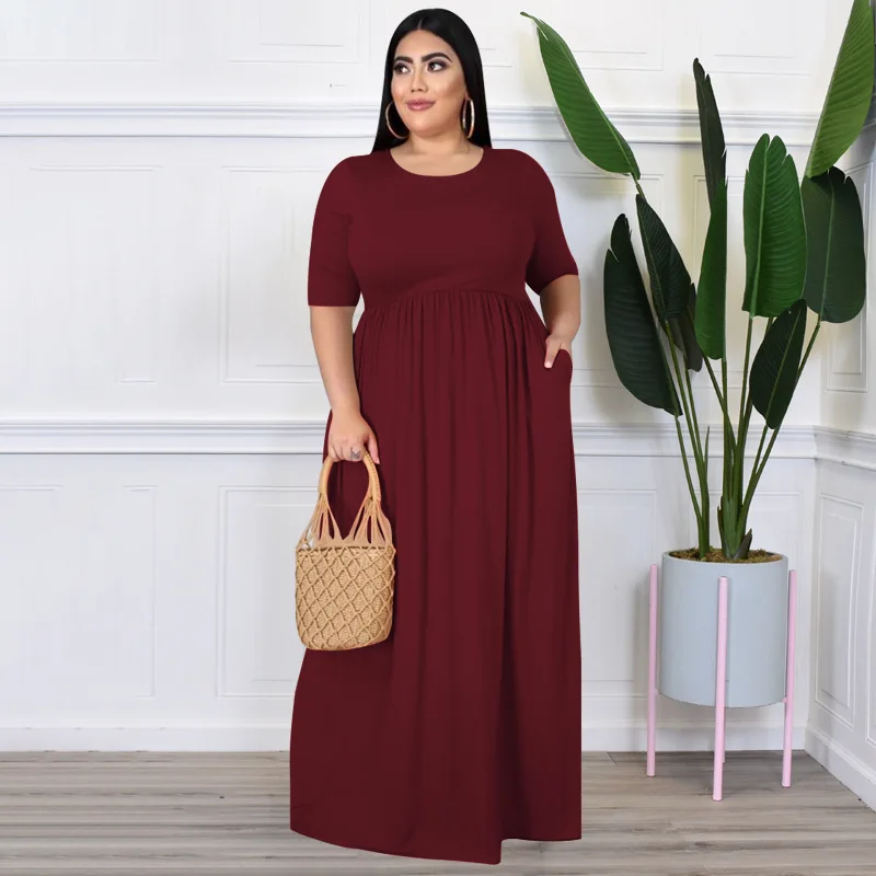 2022 Summer  Women's New Solid Color Round Neck Loose Casual Pleated Plus Size Dress Fashion Elegant Party Long Dress Wholesale