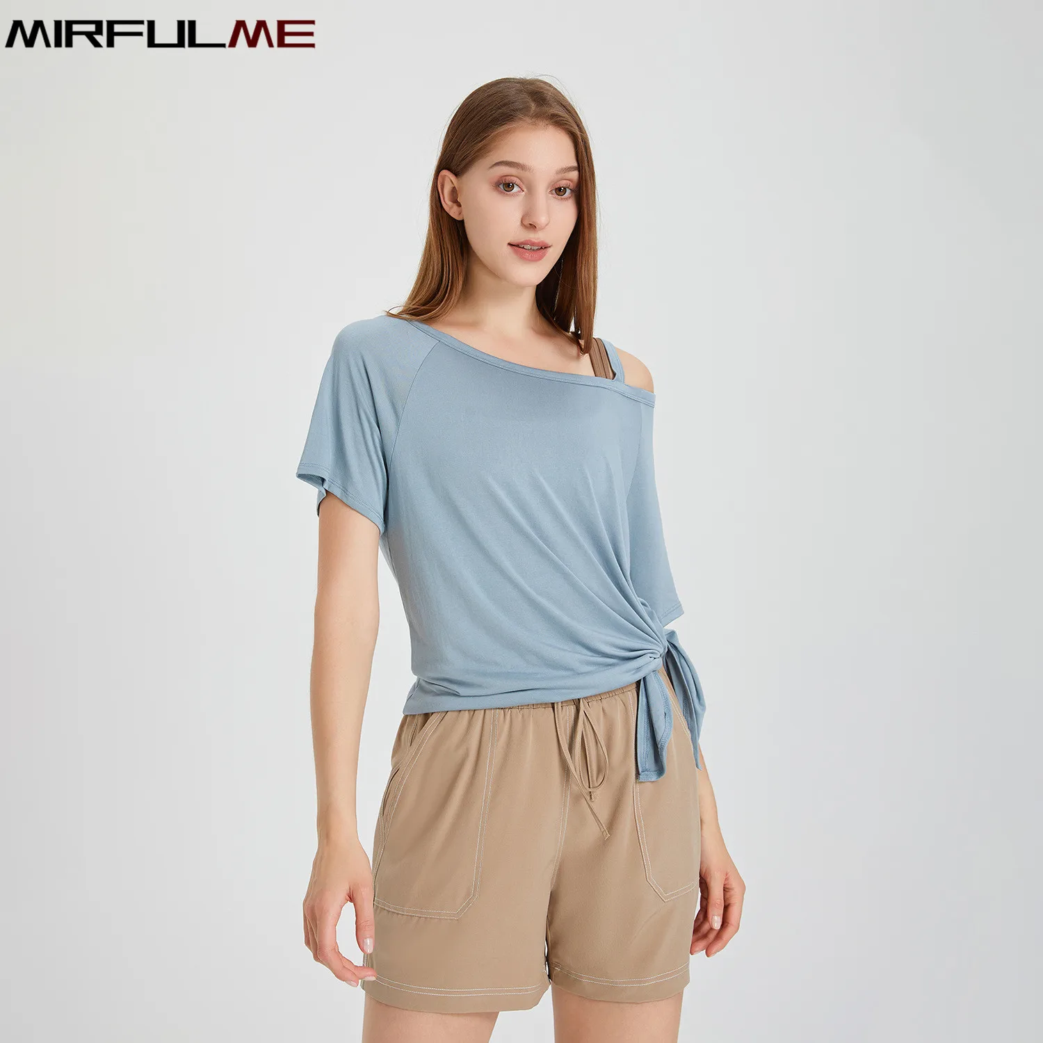 Women Loose Yoga Shirts Off Shoulder Sport Shirt Breathable Short Sleeve Running T-shirts Gym Fitness Tops Splited Blouse Female