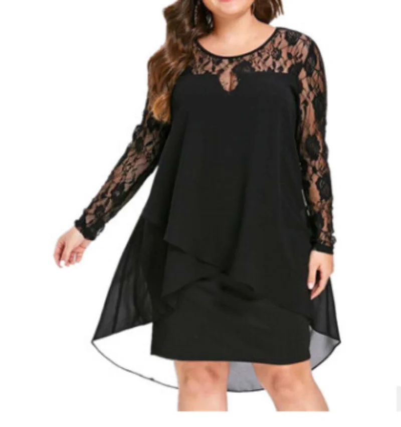 

Women Maxi Dress Sheer Lace Patchwork Long Sleeve High Low Hem O-Neck Swing Dress Casual Elegant Party Dresses Vestidos Oversize