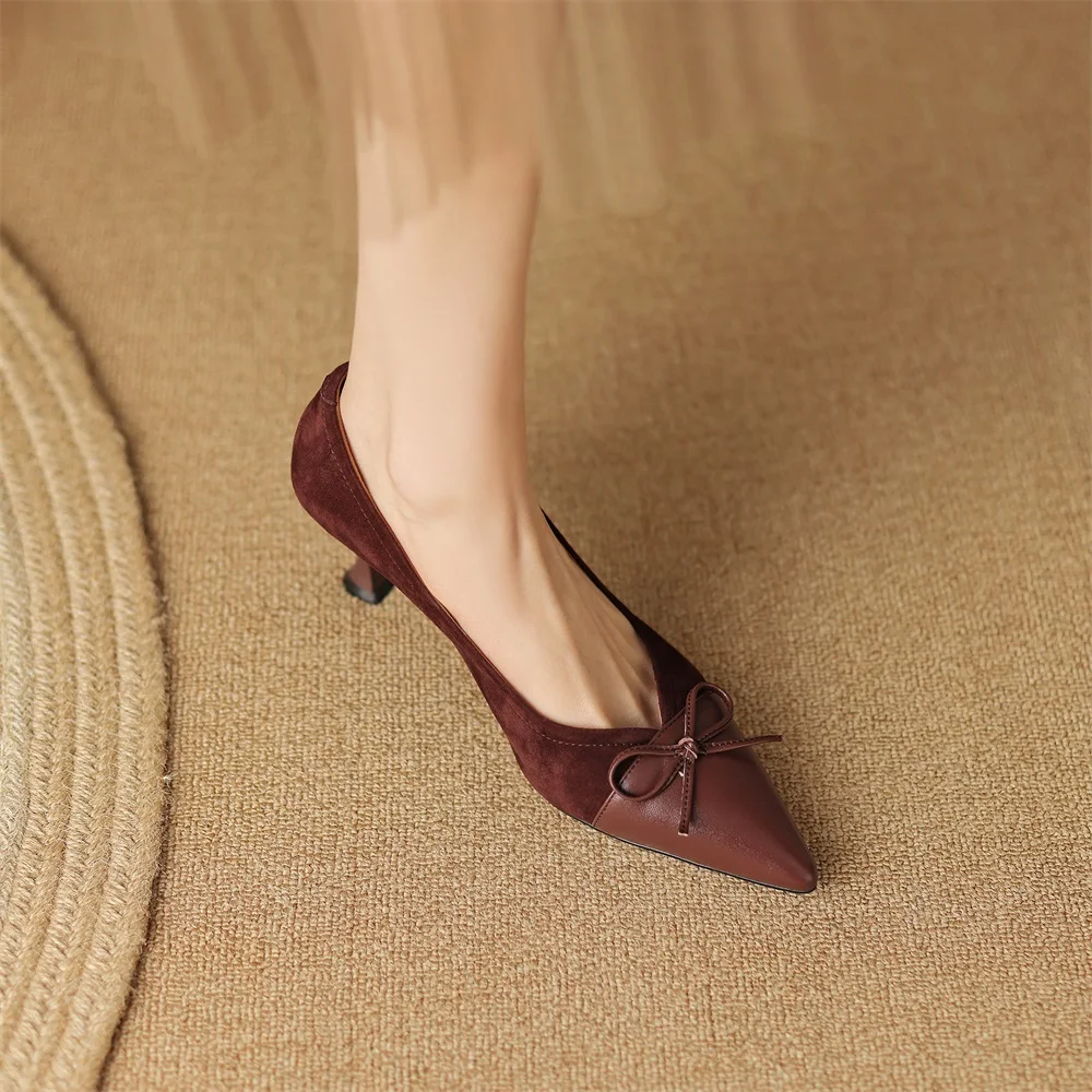 Cialisa Shoes For Women Genuine Leather Fashion Butterfly-Knot Party Dress Thin High Heels Ladies Footwear Beige 2023 Spring New