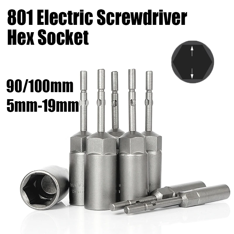 

90/100mm 5mm-19mm 801 Electric Screwdriver Hex Socket Sleeve 5mm Round Shank 30mm Depth Impact Socket Adapter Screw Nut Driver