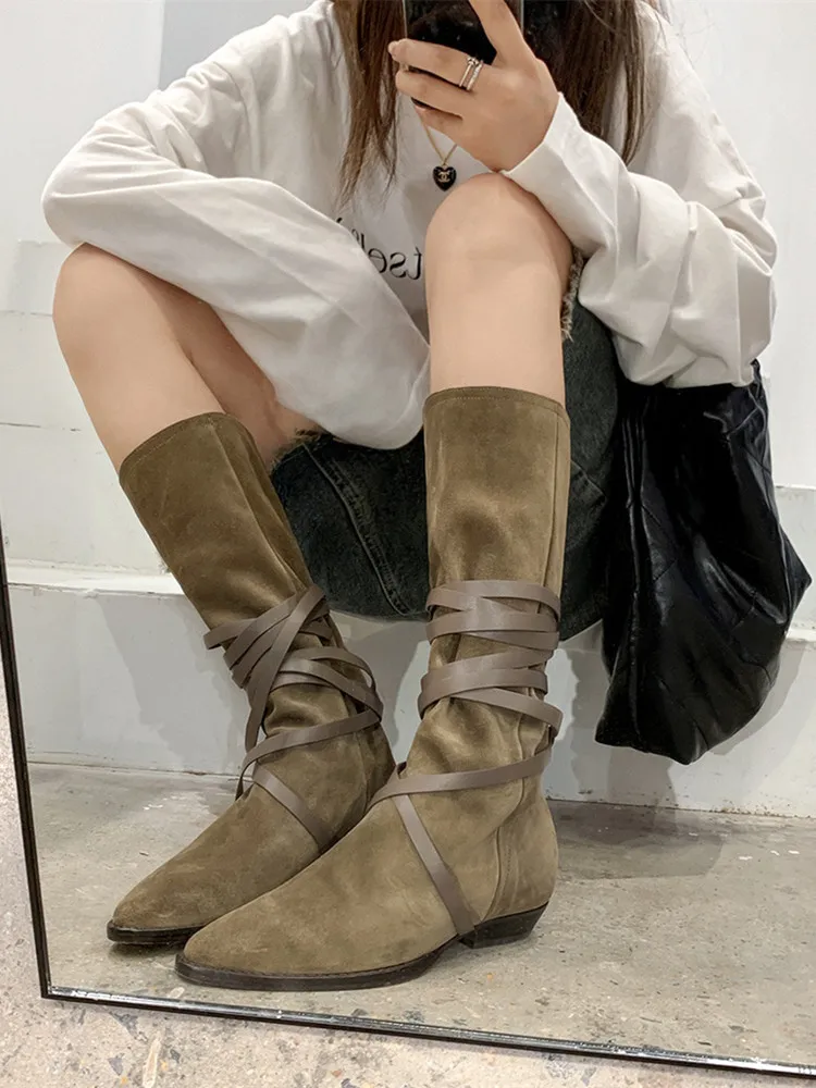 Black Suede Embroidered Knee High Boots Women Pointed Toe Spike Heel Autumn Winter Long Boots Leather Handmade Knee Knight Boots