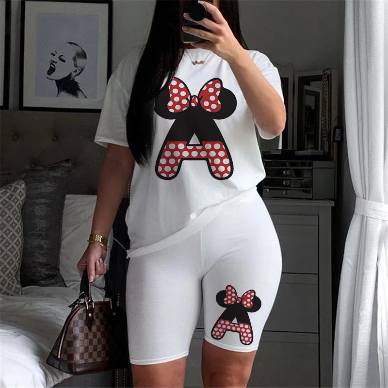 

Disney Cute Cartoon Letter Print 2022 Women Tracksuit Pullover O-neck T-shirts And Jogging Shorts Casual Summer Two Piece Sets