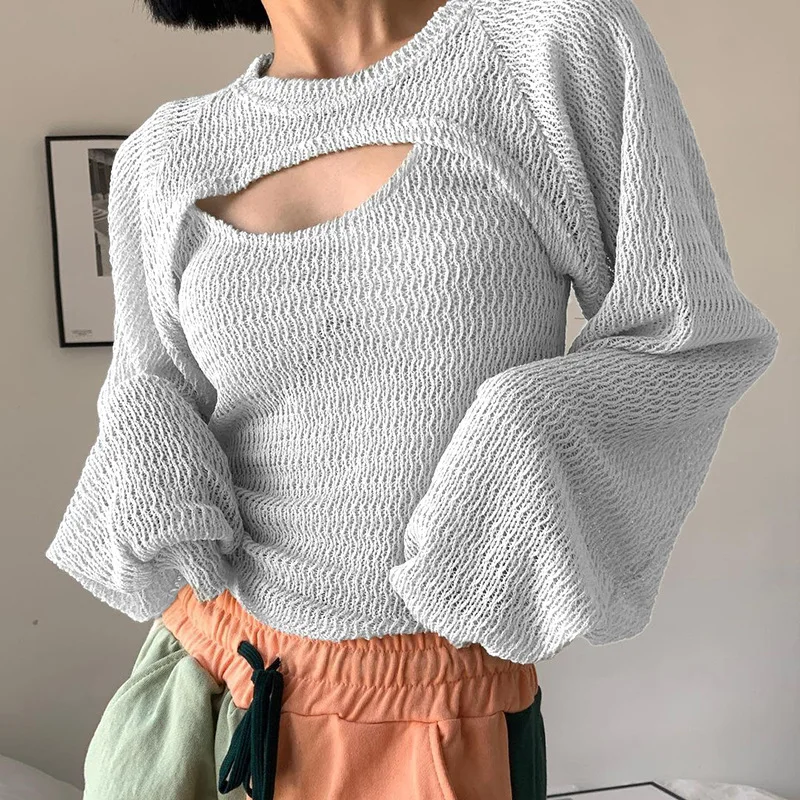 

Женская трикотажная Футболка с рукавами-фонариками и круглым вырезом