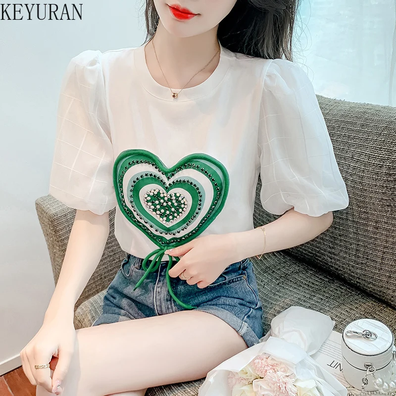 

Summer Casual T-shirts Women Korean Chic Lace Up Heart Beaded O-Neck Cotton Puff Short Sleeve Tees Female Basic White Tops 2022