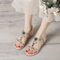 new summer sweet women sandals wedges 4 5cm heel flat mid heels rhinestones roman shoes plus size 33 41 womans beach high heels