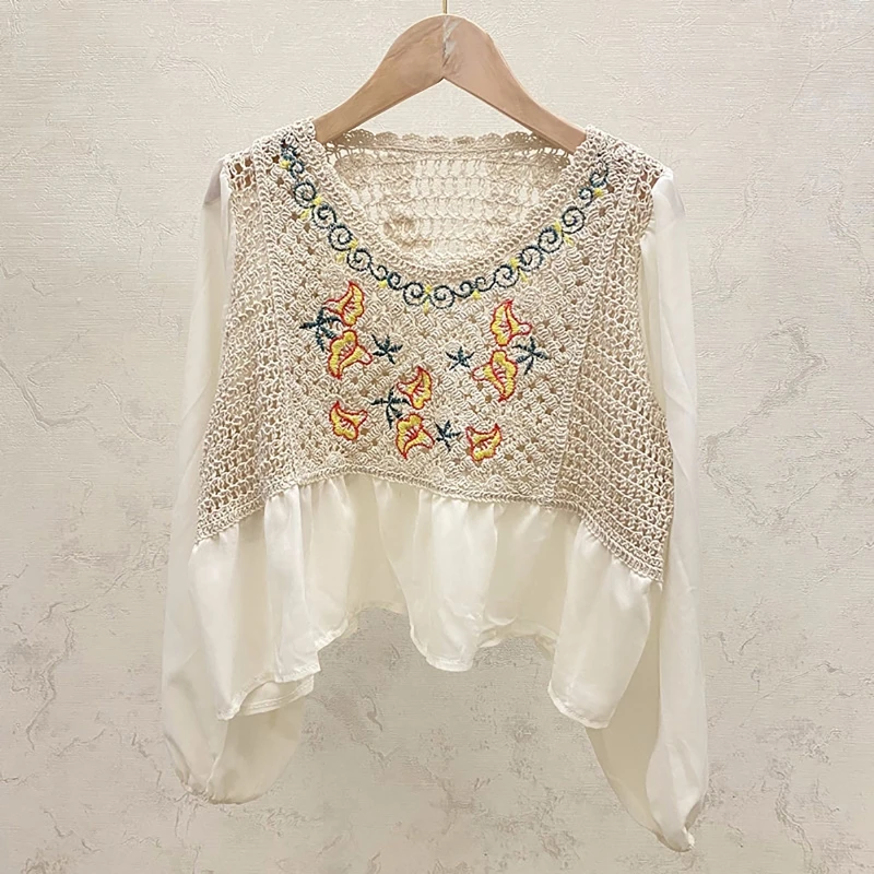 

Women Chiffon Puff Long Sleeve Blouse French Style Hollow Crochet Knit O-Neck Shirts Embroidered Floral Loose Peplum Top
