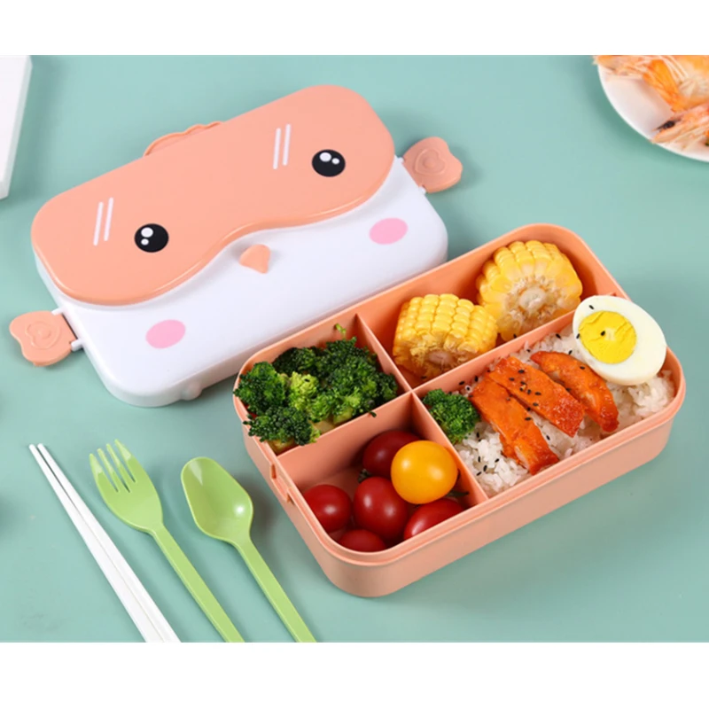 Милый Ланч-бокс Bento с четырьмя ячейками прямоугольный герметичный пластиковый