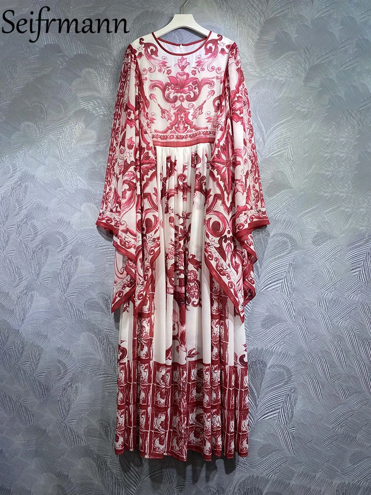 

Seifrmann High Quality Summer Women Fashion Runway Maxi Dress Batwing Long Sleeve Red And White Porcelain Printing Loose Dresses