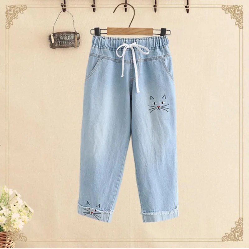 Женские джинсы с вышивкой кошки темно-светильник ние эластичные брюки из денима