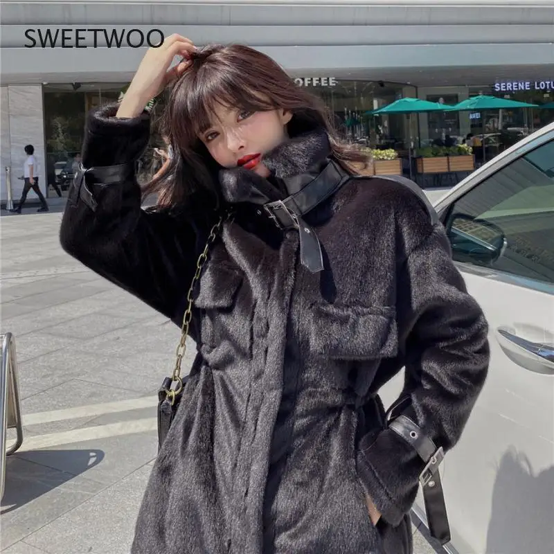 Winter Soft Warm Thick Faux Fur Coat Women Drop Shoulder Long Sleeve Zipper Drawstring Fluffy Jacket Korean Fashion Slim 2022