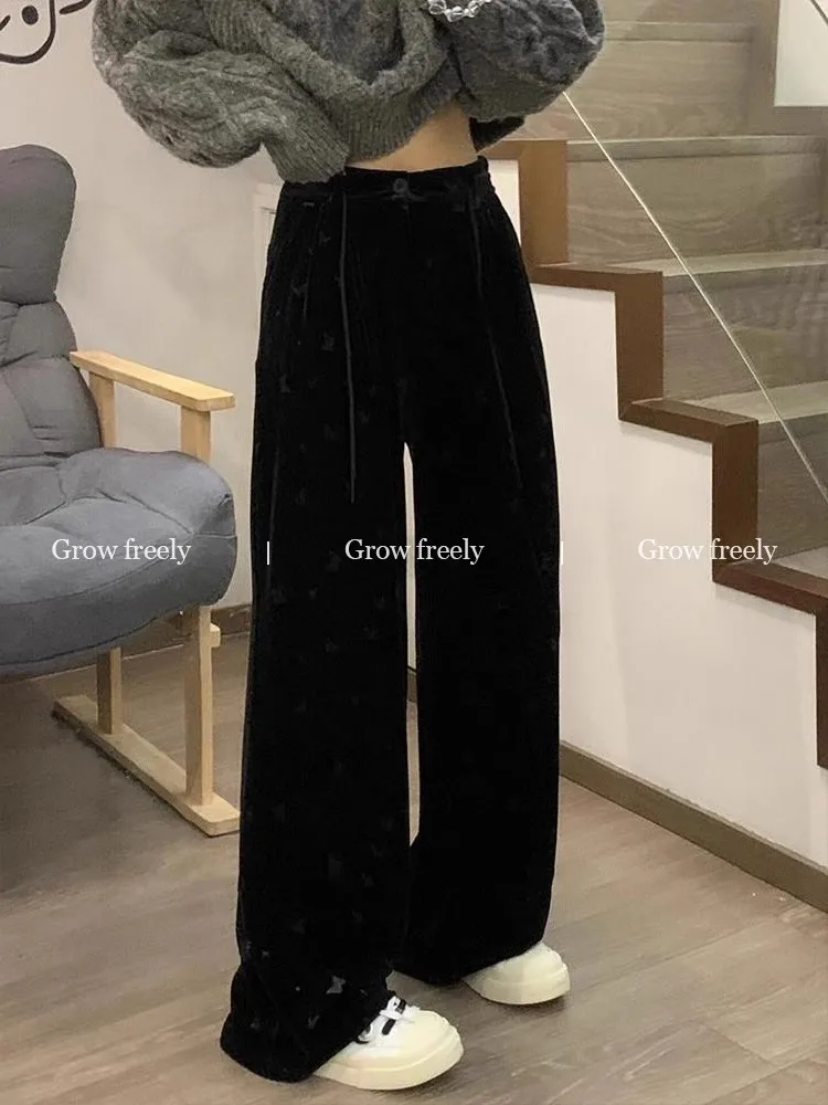 Plus Size w Freely Black Print Velvet Casual Pants Women Autumn and Winter Fleece-lined High Waist Slimming Straight