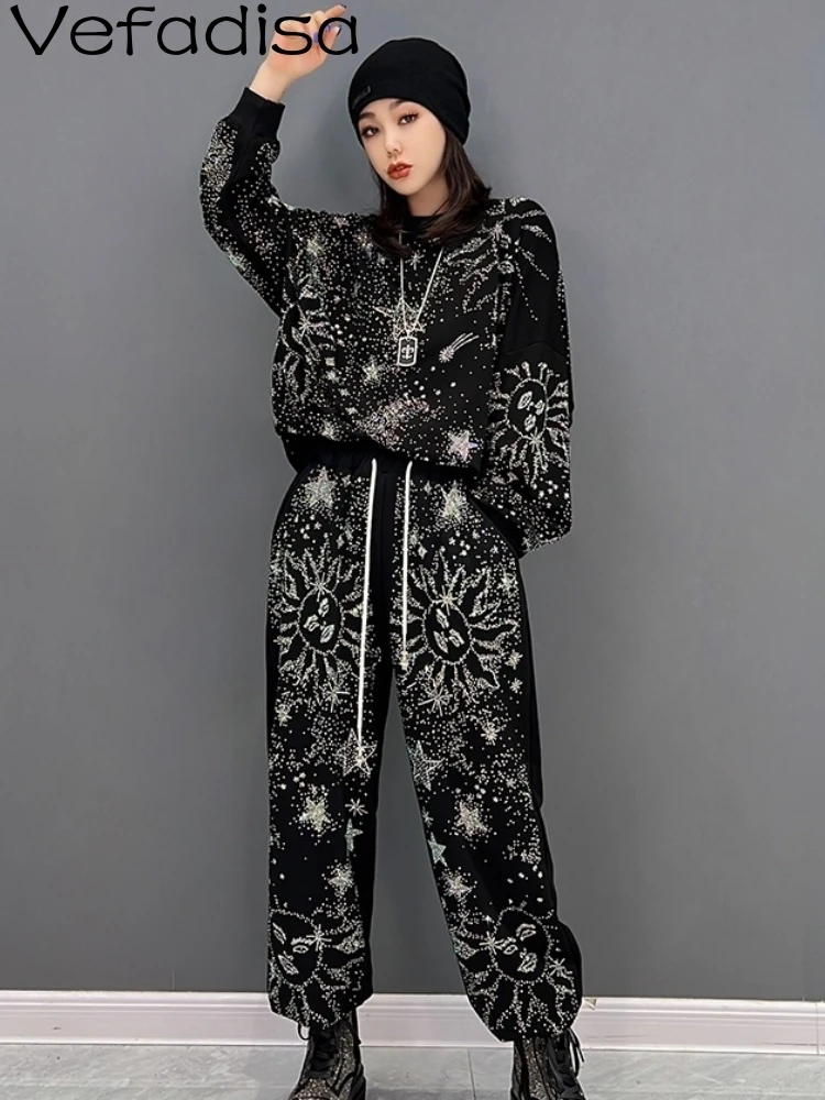 

Vefadisa 2023 New Women Autumn Hot Drilling Printing Round Neck Pullover Sweatshirt And Elastic Waist Casual Pants Sets LHX3810