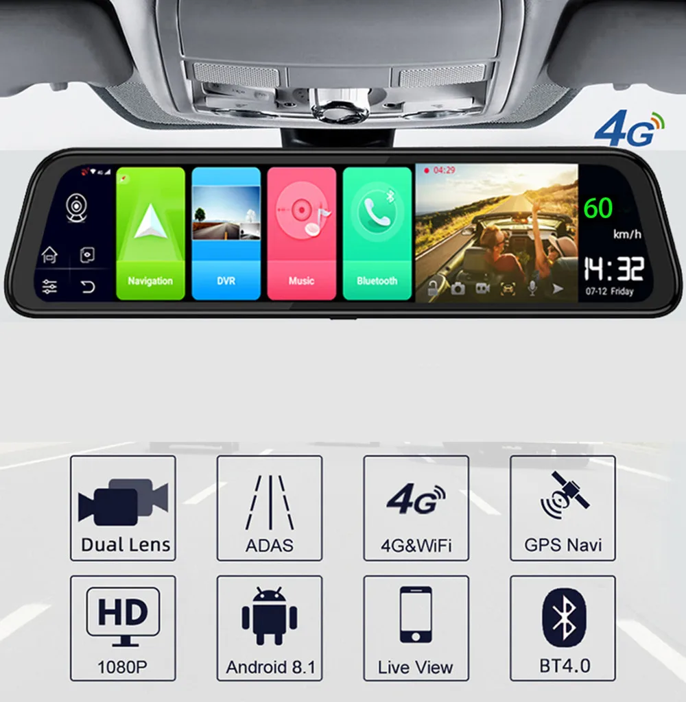 

Автомобильный видеорегистратор, 4G, Android, 1080P, 10 дюймов