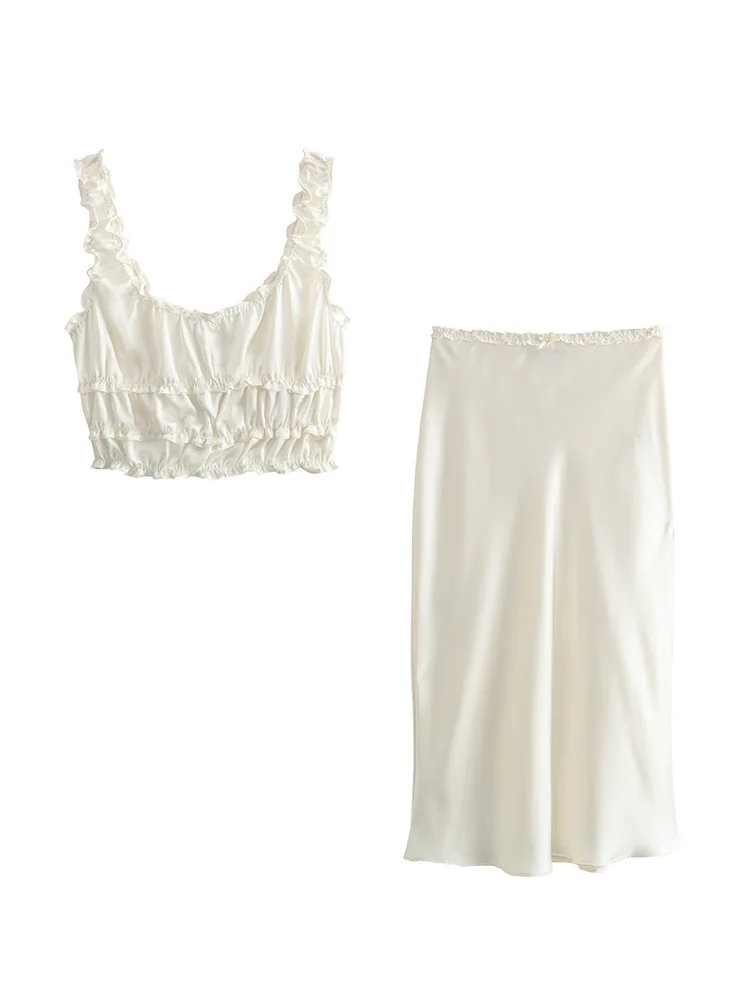 Новинка 2024 года модные женские атласные комплекты из двух предметов с оборками и