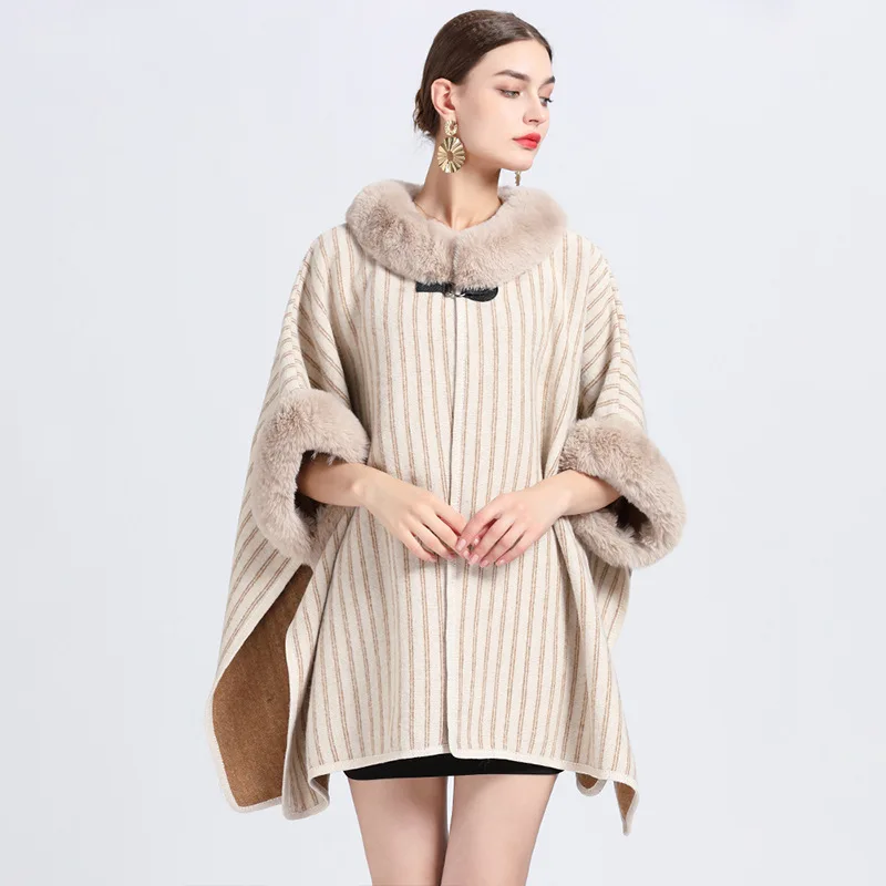 

Loose Elegant Soft Faux Fur Coat Cloak Woolen Blends Stripes Cape Long Women Fall Winter Warm Wraps Mantle Overcoat