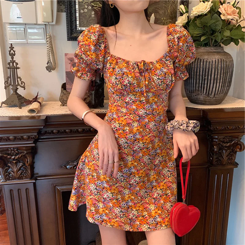 

Impressionism Vintage Dress with Draw String Summer Women Short Sleeve Puff Sleeve Floral Slim Cottagecore Dress 2023 Plus Size