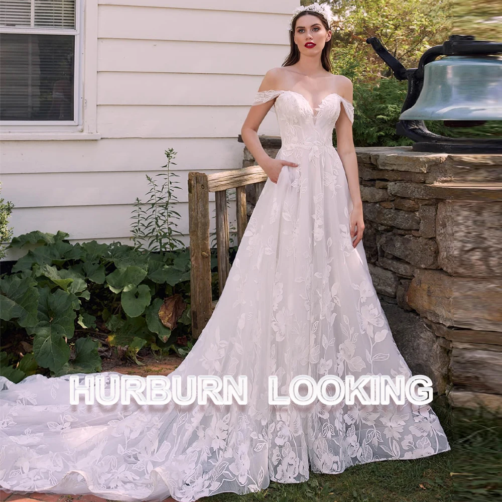 

HERBURN Geogeous Wedding Dresses 2024 Sweetheart Appliques Sweetheart Off Shoulder Court Train Robe De Mariée Engagement Plus