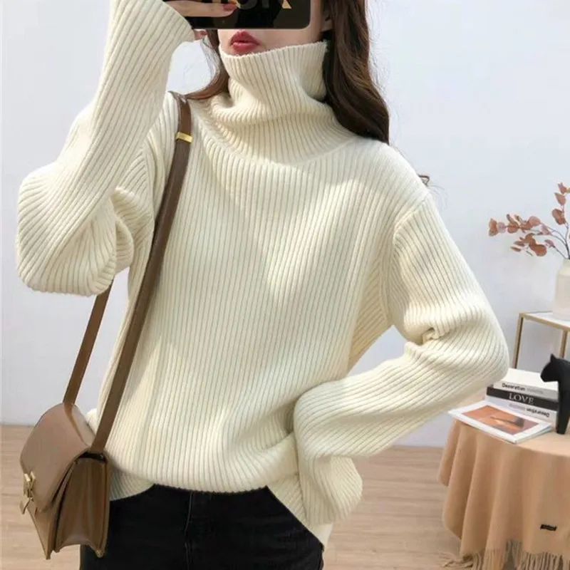 

Autumn Winter Streetwear Solid Color Women Knitted Sweaters 2021 Oversize Long Sleeve Loose Y2K Female Fashion Turtlenck Sweater