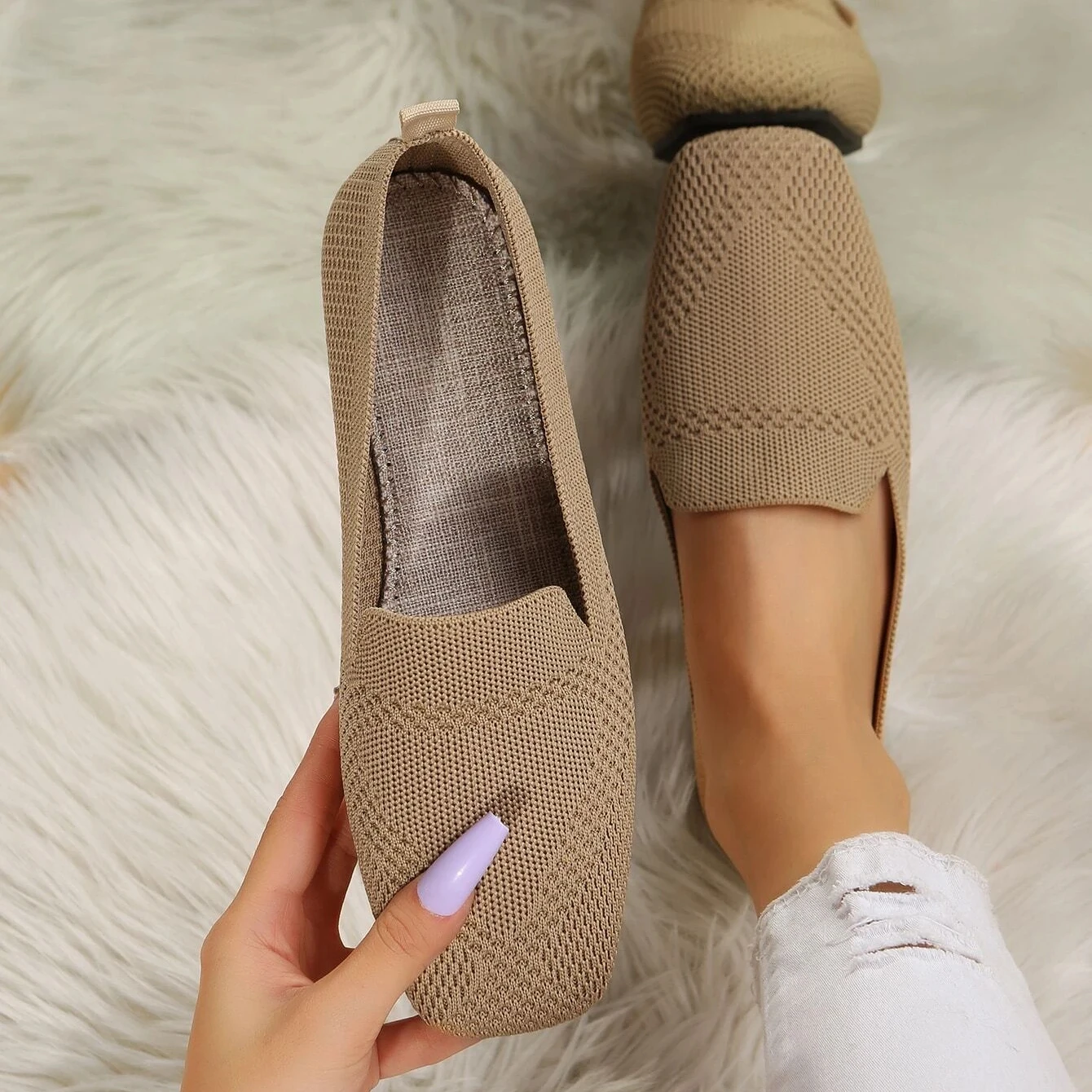 2023 Large Size Woven Women Single Shoes Spring and Autumn New Style Fly Woven Flat Square Head Cloth Shoes Knitted Soft Soles