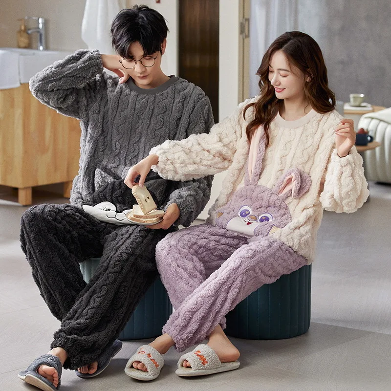 2022 New Couple's pyjamas set coral velvet Winter lovely maiden and velvet thick men's casual flannel housewear set