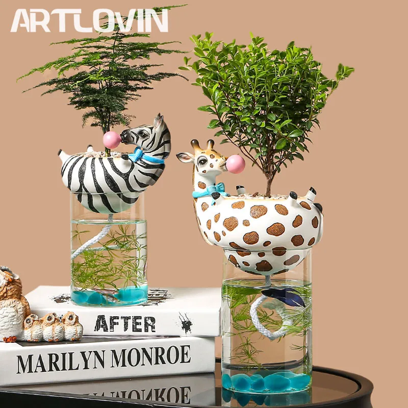 Florero decorativo de Cactus y plantas suculentas, maceta de vidrio para agua, jirafa de resina/cebra, flor de burbuja, tanque de peces