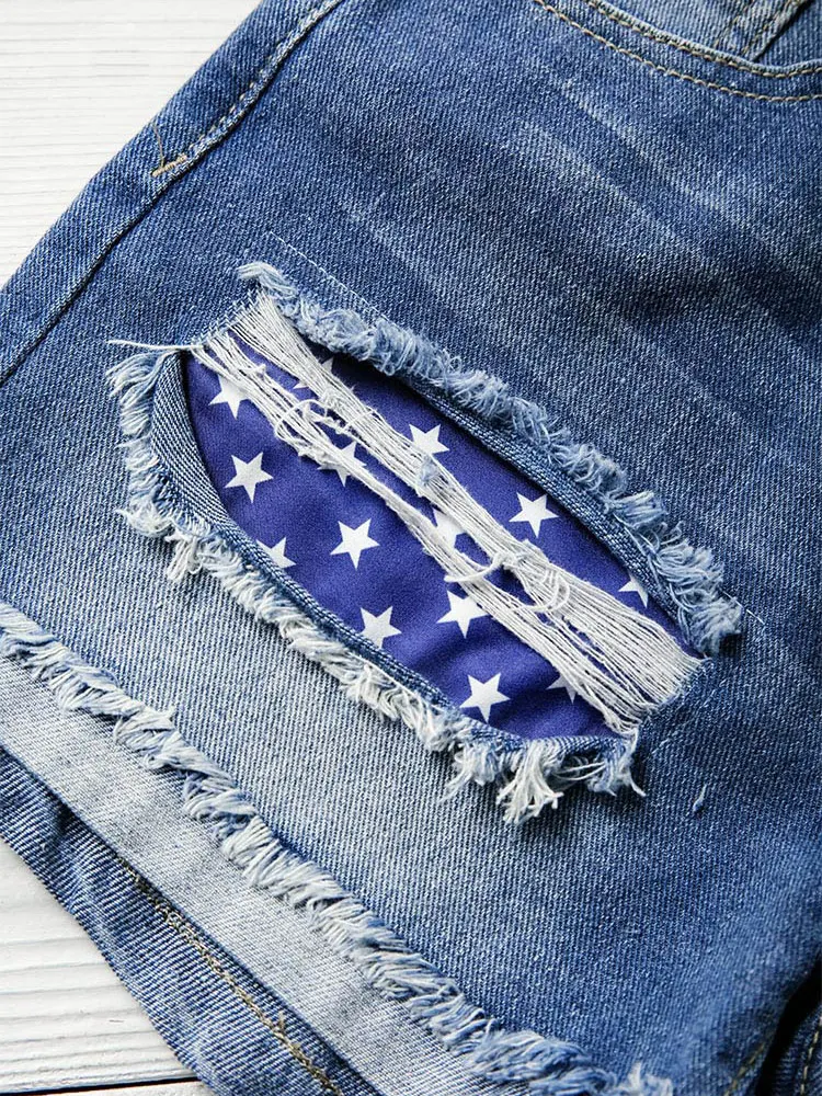 American Flag Star Striped Ripped Hole Denim Shorts Jeans Summer Female Loose Short Women Clothing Pantalones Cortos Ropa Mujer