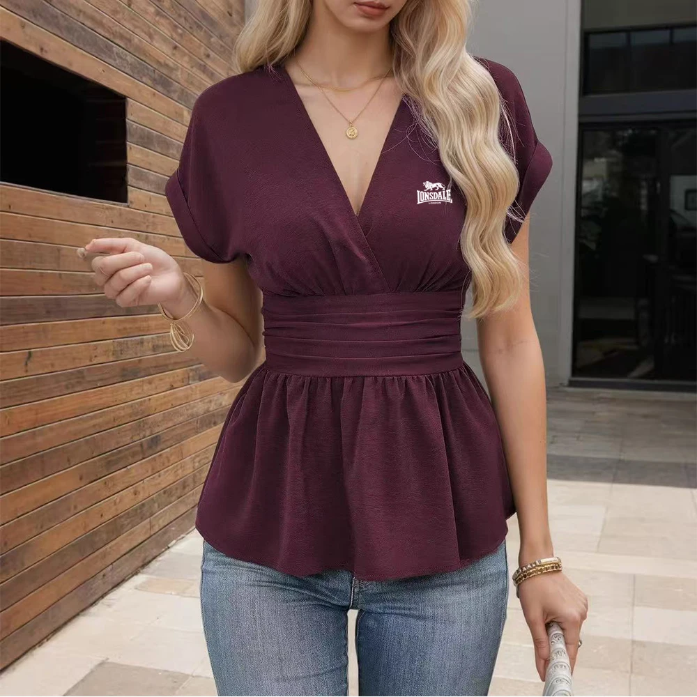 Фото Французская модная универсальная рубашка LONSDALE, мужская и женская, с короткими рукавами, V-образным вырезом, приталенная, с рукавами реглан, жатая футболка-юбка №5