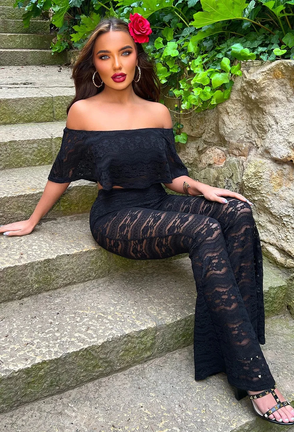 

Elegant Lace Women Two Piece Set Outfit 2022 Summer Butterfly Sleeve Crop Top and Flare Pants Matching Set Tracksuit