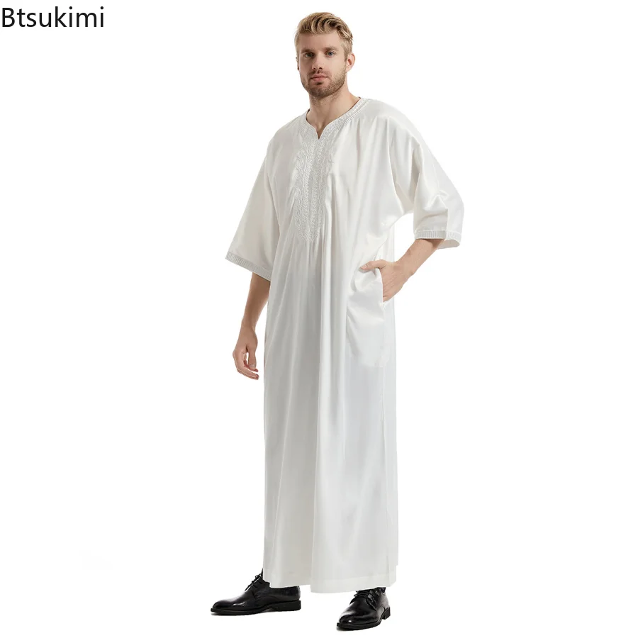 Muslim Fashion Men Kaftan Robe Satin Embroidery Jubba Thobe Arab Saudi Eid Ramadan Turkish Islamic Abaya National Loose Abayas