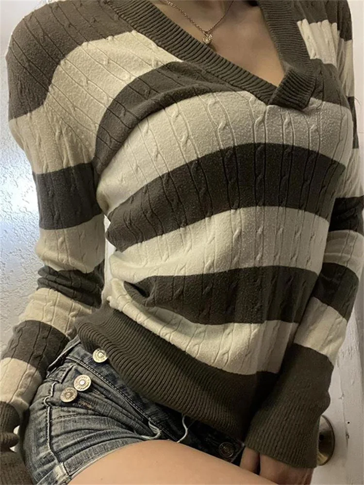 

Женский трикотажный свитер с рюшами, повседневный полосатый джемпер с длинным рукавом, V-образным вырезом и капюшоном в стиле ретро, весна-о...