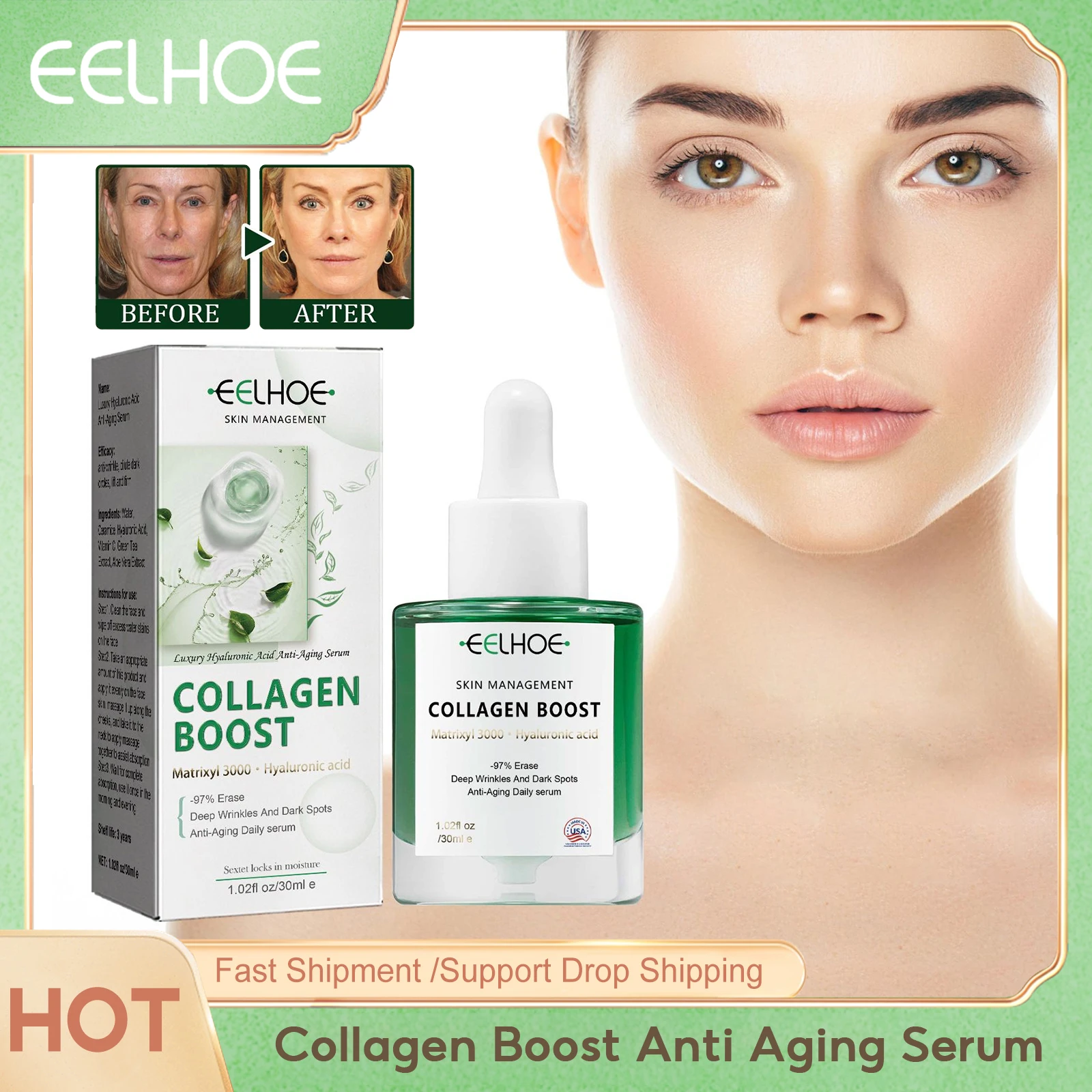 

EELHOE Collagen Boost Anti Aging Serum Reduce Wrinkle Dark Spots Removal Tightening Firming Skin Hyaluronic Acid Facial Essence