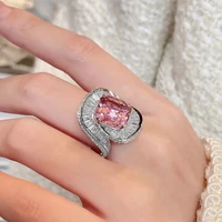 luxury big crystal pink stone open ring female silver plated ins style engagement party rings for women best proposal gifts