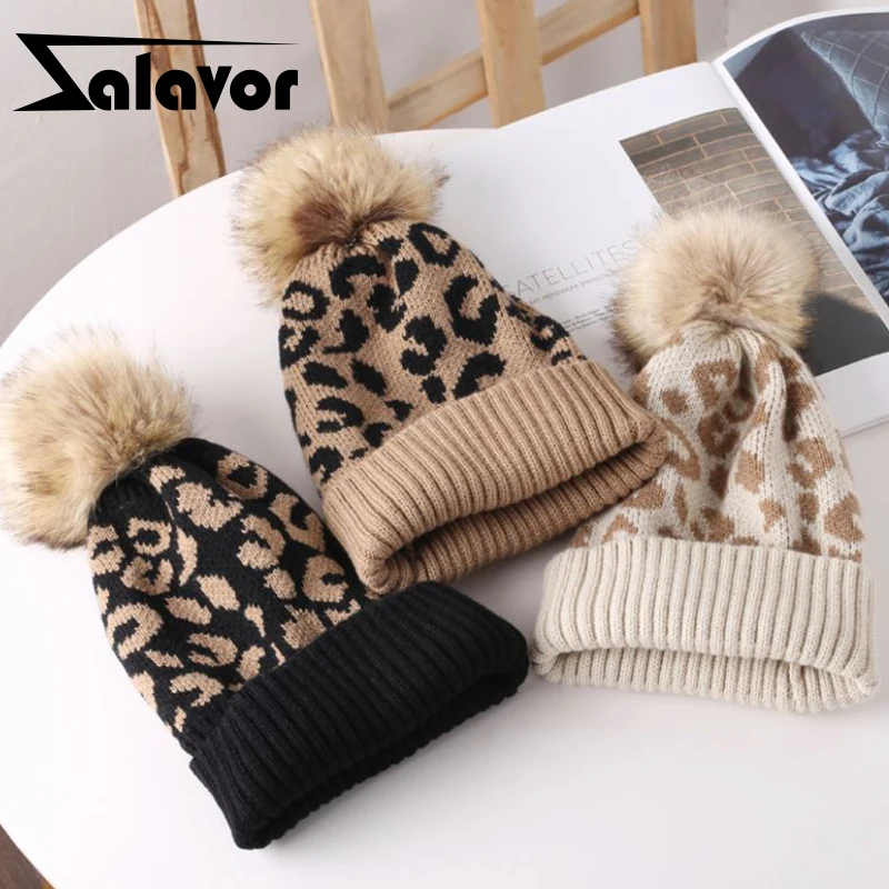 

ZALAVOR Women Knitted Caps 2022 New Winter Warm Skullies Beanie Caps For Men Fashion Leopard Outdoor Sports Brimless Couple Hat