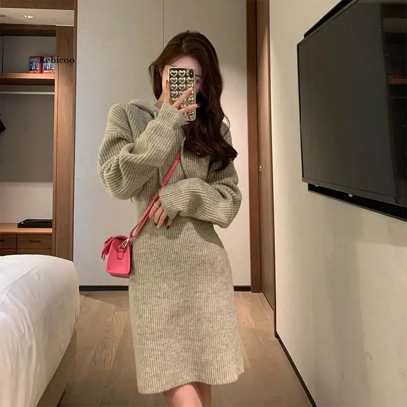 

Женское трикотажное платье с капюшоном, Повседневное трикотажное платье-свитер с длинным рукавом, корейский стиль, Осень-зима 2022