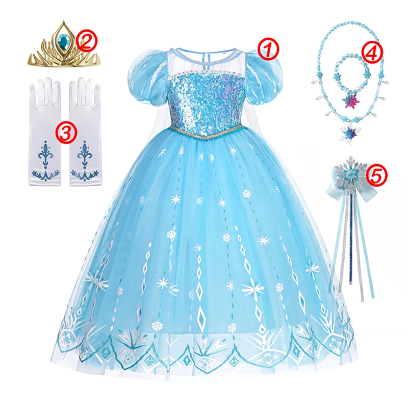 Disney Elsa Princess Dress for Girls White Sequined Mesh Ball Gown Carnival Clothing Kids Cosplay Snow Queen Frozen 2 Costume images - 6