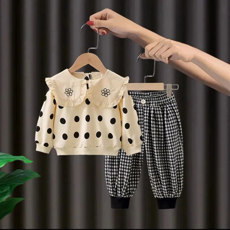 Spring Girls' Clothing Sets Single-breasted Polka Dot Girls' Shirt Top+Plaid Print Trousers Kids Clothes Suit Children Clothing