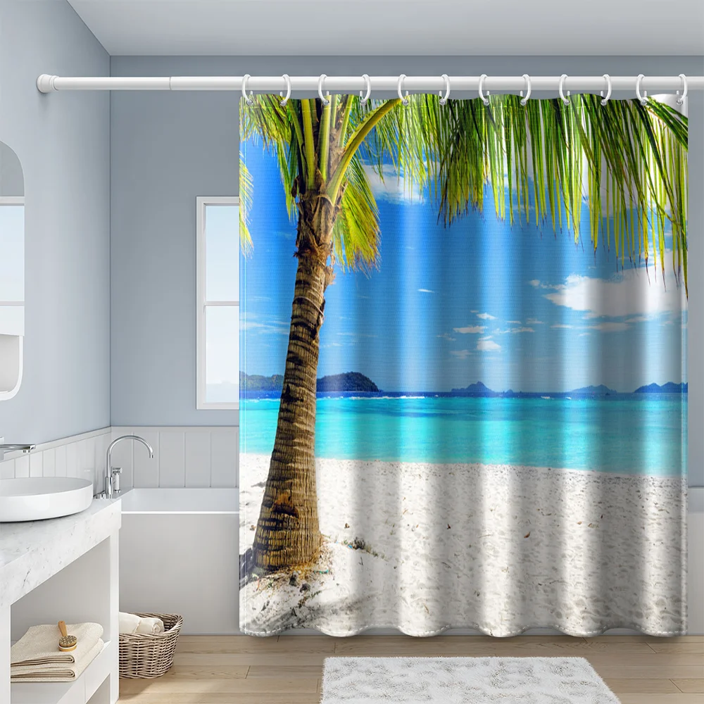 

Beach Scenery Sunset Shower Curtains Art Bathroom Curtain Frabic Waterproof Polyester Bath Curtain With Hooks