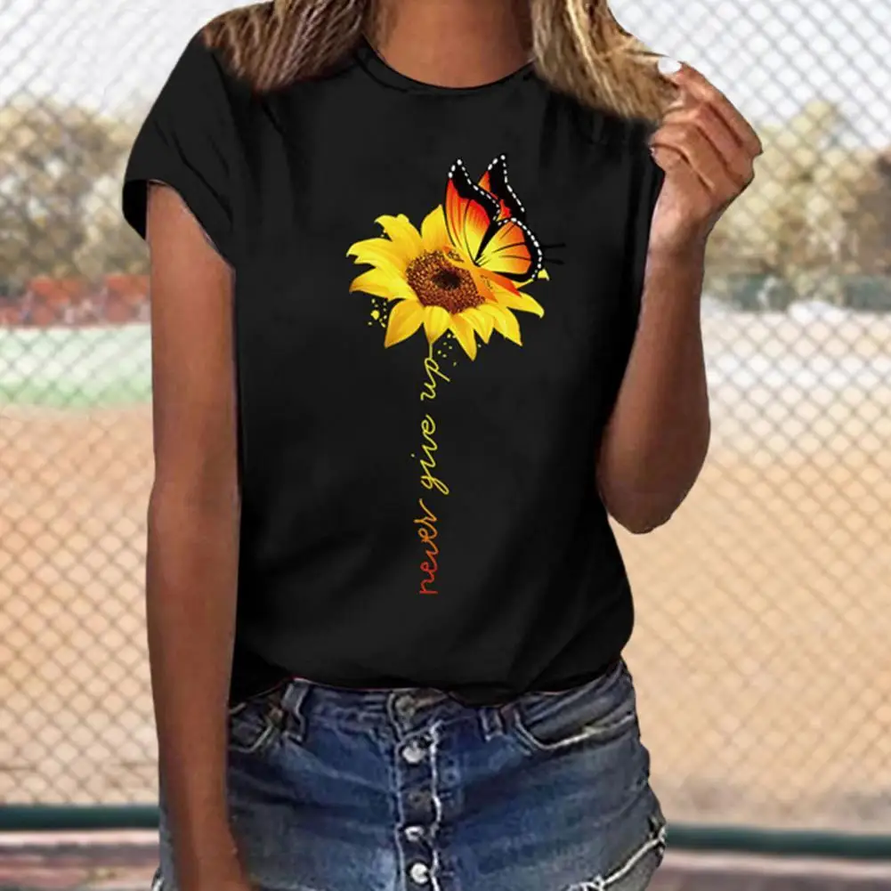

Sunflower Print Short Sleeved T-shirt Women O Neck 2022 Summer Pullover blouse Ladies Loose Vintage Korean Style Women Tee