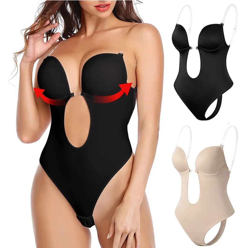 Bodysuit Shapewear Women Deep V-Neck Body Shaper Backless U Plunge Thong Shapers Waist Trainer Women Clear Strap Push Up Corset
