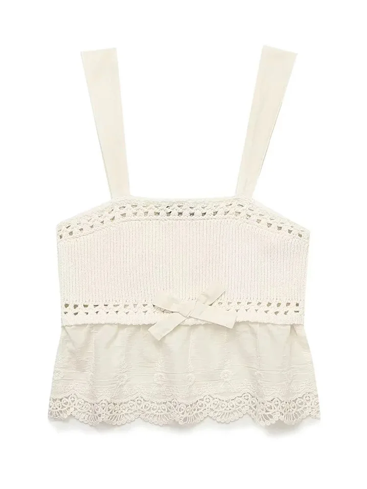 

TRAF 2023 summer new women's fashion bowknot stitching embroidery short knitted vest retro one collar camisole unique top