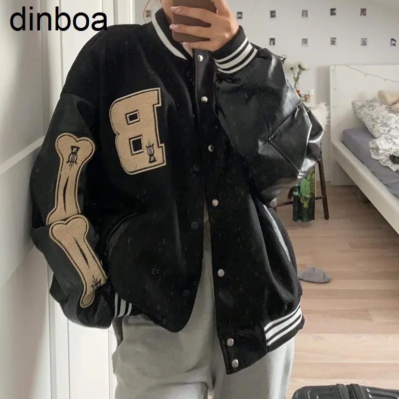 

Varsity Baseball Bomber Jacket Women Hip Hop Harajuku Bone Letter Patchwork Leather Jackets Streetwear Men Unisex College Coats