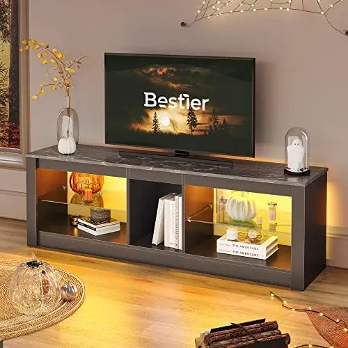 

Center LED Gaming TV Stand for 55+ Inch TV Adjustable Glass Shelves 22 Dynamic RGB Modes TV Cabinet Game Console PS4, Black Marb