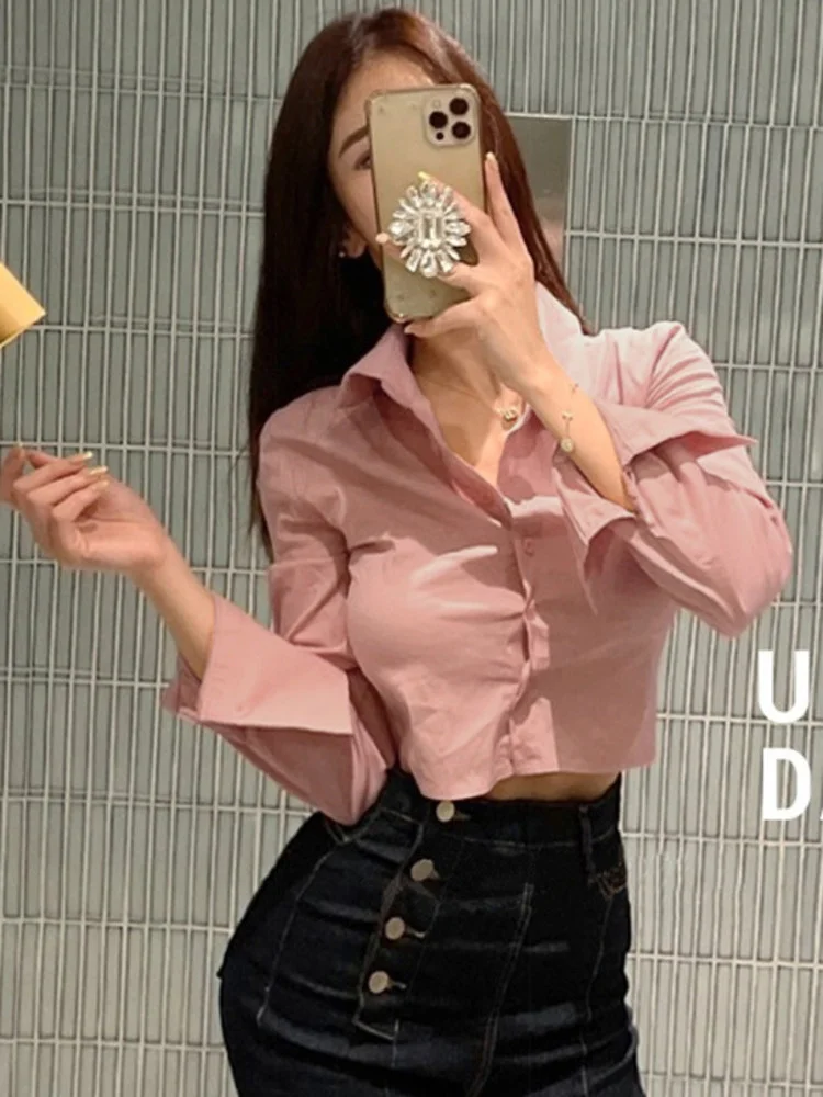 

Korea New WOMENGAGA Slim Sexy Short High Waist Long Sleeve White Short Shirt Women Blouse Office Lady Fashion Tops 2022 MTR7