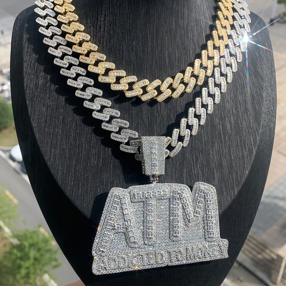 Bling 5A CZ Буквы ATM Addicted To Money Кулон Ожерелье Iced Out Micro Paved Кубический Циркон Хип-Хоп 15 мм