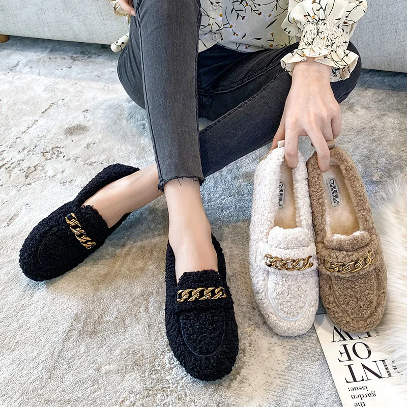 

Gold Metal Chain Loafer Shoes Women Comfortable Lambswool Moccasins Casual Furry Shoes Women Warm Plush Loafers Fluffy Fur Flats