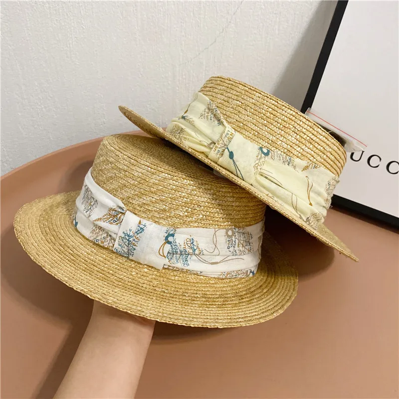 

Female xia flat-topped hat chiffon straw weaving straw hat seaside on UV sunscreen topi han edition retro hatshigh quality hat p