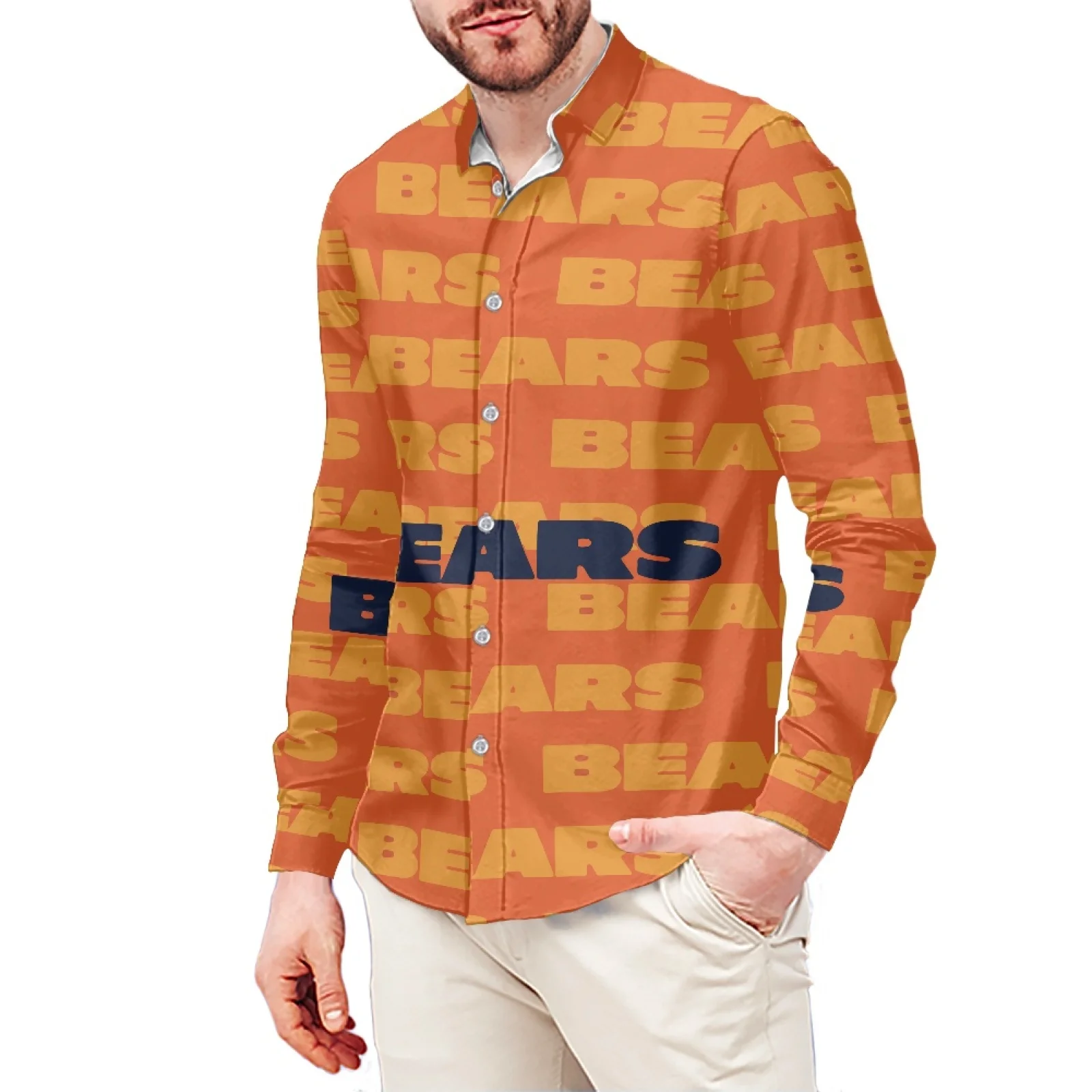 Orange BEARS Lettering Luxury Printed T-Shirt Polynesian Samoa Hawaiian Style Long Sleeve Shirt Men's Dress Shirt Wedding